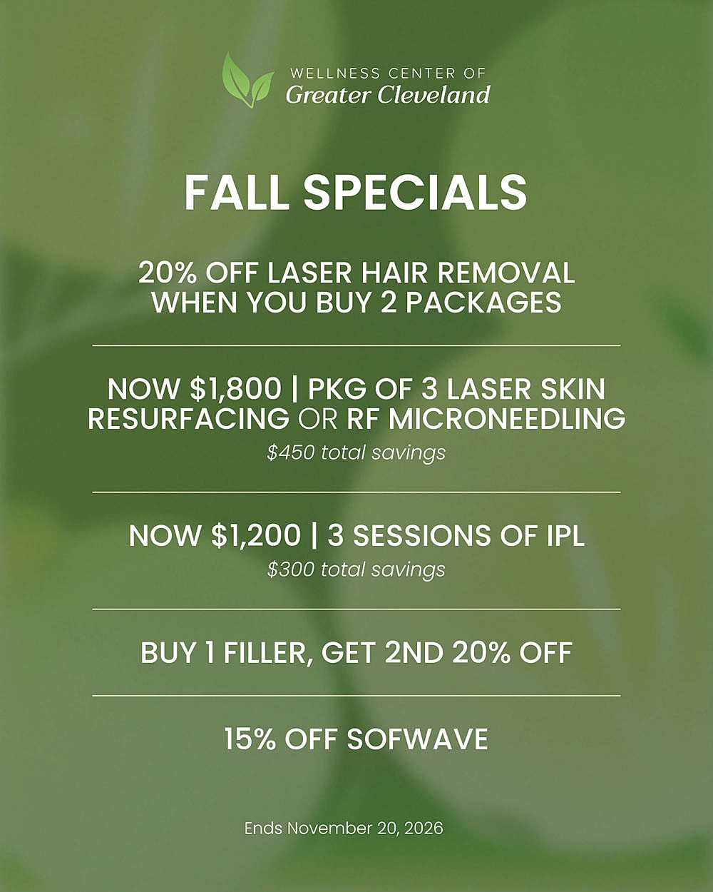 Fall specials for wellness center treatments and discounts